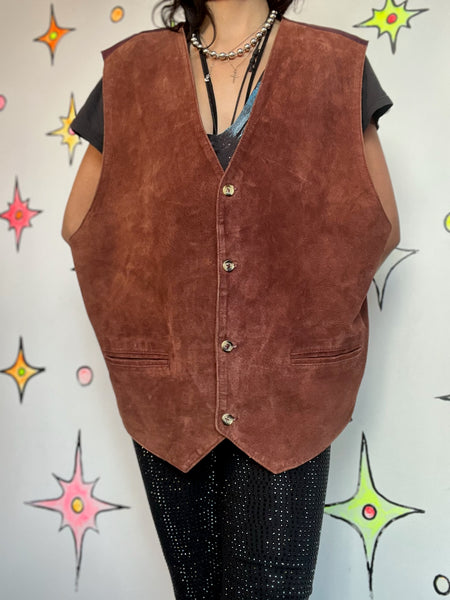 Vintage Brown Suede Leather Oversized Vest – Rocker Grunge Western Boho - XL