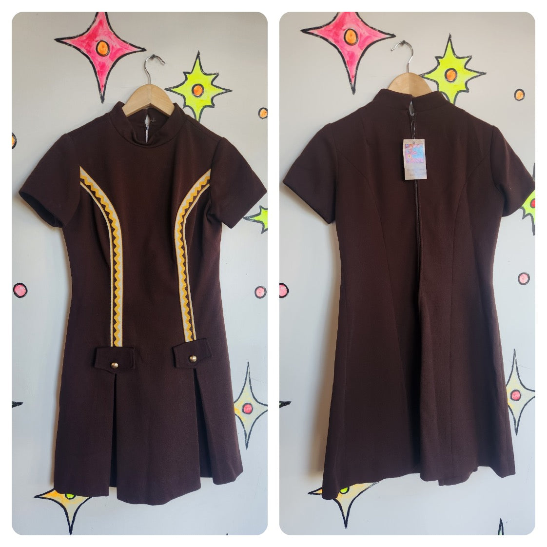 Vintage 60s 70s | Brown Retro Groovy MOD Mini Dress | M