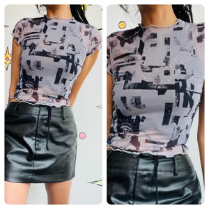 90s | Lettuce Trim Newspaper Print Graphic Mesh Cyber Grunge Baby Tee | Small