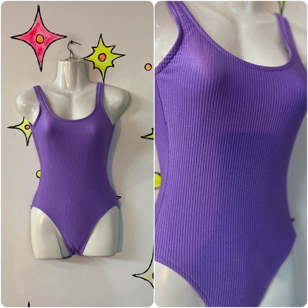 80s 90s Pastel Purple Swimsuit Ribbed One Piece Vintage Retro Swim or Bodysuit S