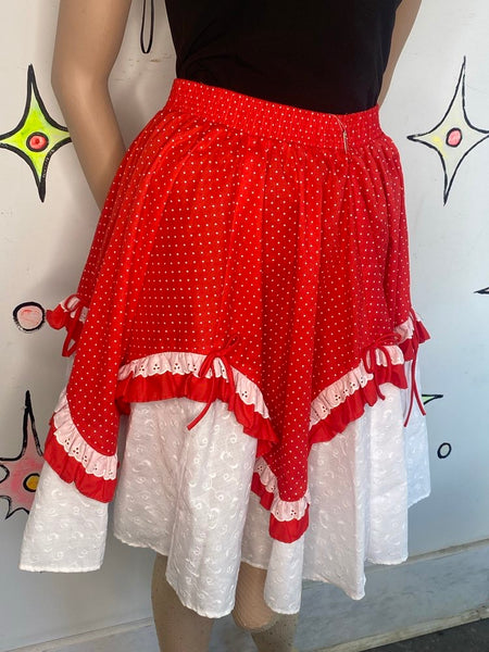 Vintage Red White Lace Square Dancing Full Twirl Patio Skirt Babydoll Lolita S