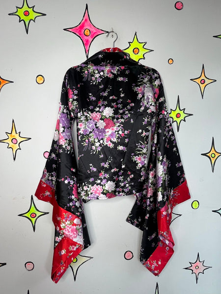 Satin Kimono Top Wide Bell Sleeve Robe Glam Boho Lolita Kawaii Geisha Cosplay