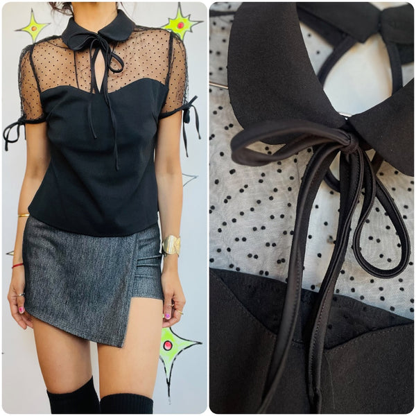 Y2K Black Lace Cropped Blouse – Babydoll Bow Neck Top – Goth Grunge Coquette – L