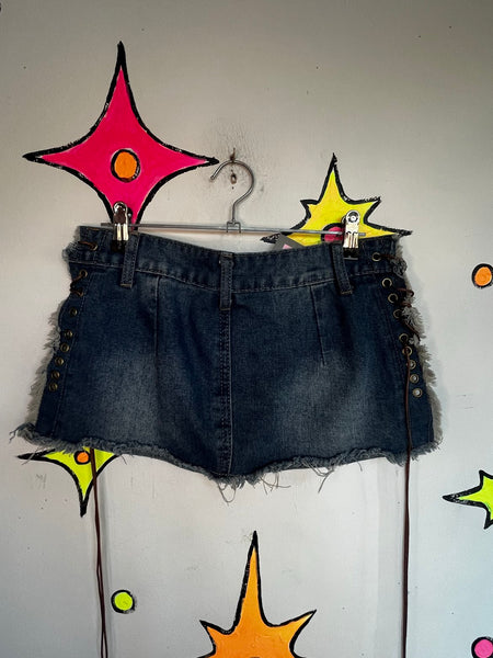Y2K Indie Sleaze Ultra Mini Denim Skirt Lace Up 2000s Grunge McBling Clubwear XS
