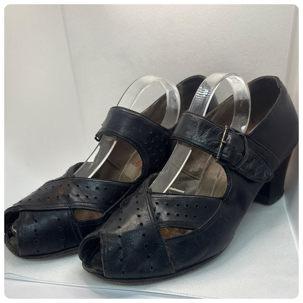 1940s Black Leather Peep Toe Mary Jane Heels - Enna Jettick - Size 8