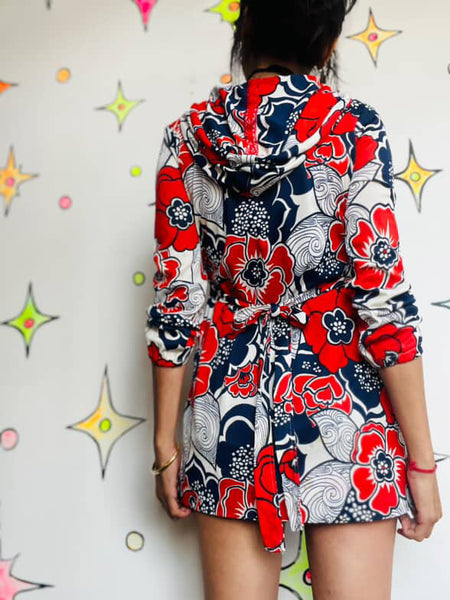 Vintage 60s Navy Red White Psychedelic Print Micro Mini Dress Mod Space Age - XS