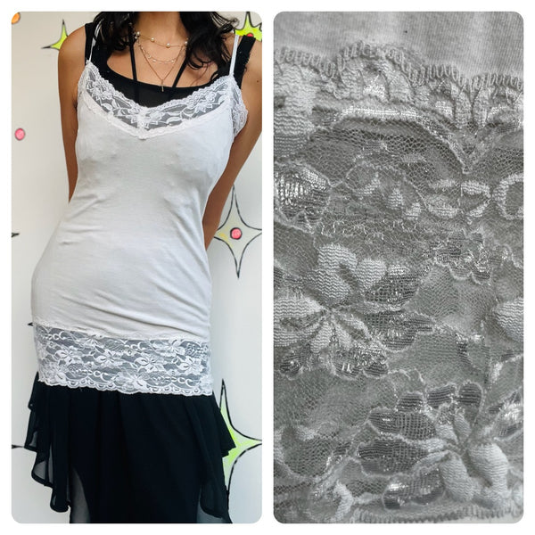 Vintage Y2K White Lace Trim Fairy Grunge Baby Doll Cami Top – Size L