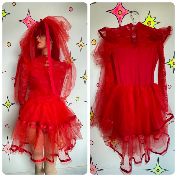 Red Tulle Lydia Deetz Goth Wedding Dress & Veil Costume Beetlejuice Cosplay S