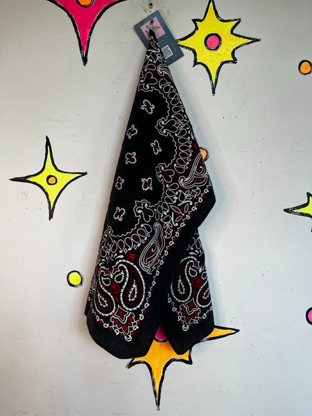 Vintage USA Made Classic Bandana Black Red Paisley 100% Cotton Americana 20x20