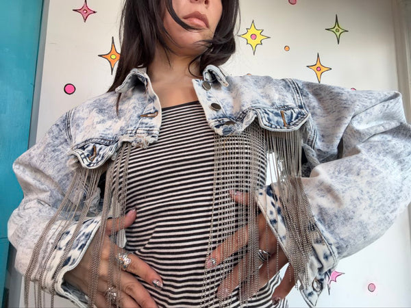 Acid Wash Cropped Denim Jacket | Y2K Bling Western Grunge Jean Jacket Small