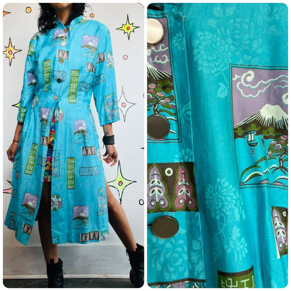 Vintage 1950s- 60s Blue Kimono Geisha Wiggle Tiki Dress - Mid Century - M/L