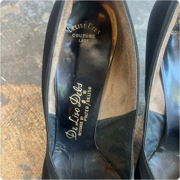 Vintage 40s 50s Black Suede Round-Toe Embellished Heels - Palter Deliso - 8.5