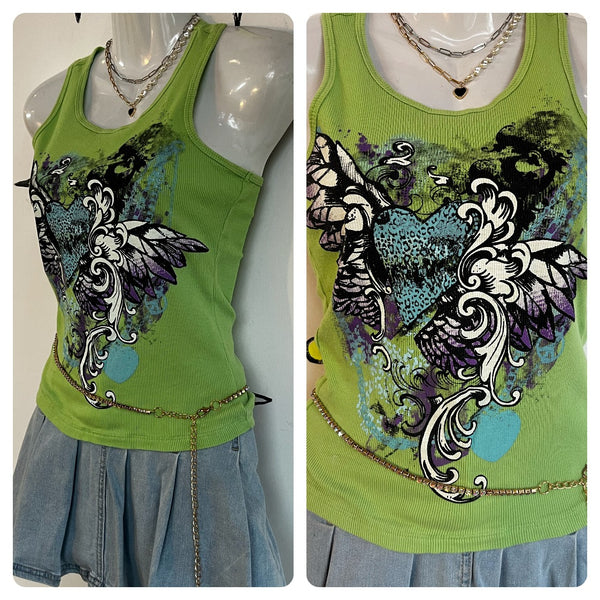 Vintage Y2K | Grunge Fairy Indie Sleaze Tattoo Print McBling Tank Top Tee | XS S