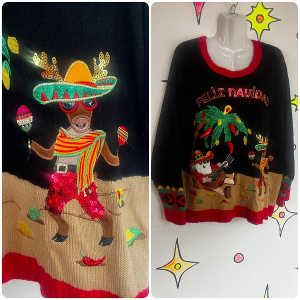 Vintage 90s Y2K | Feliz Navidad Tacky Ugly Embellished Christmas Sweater | 1X