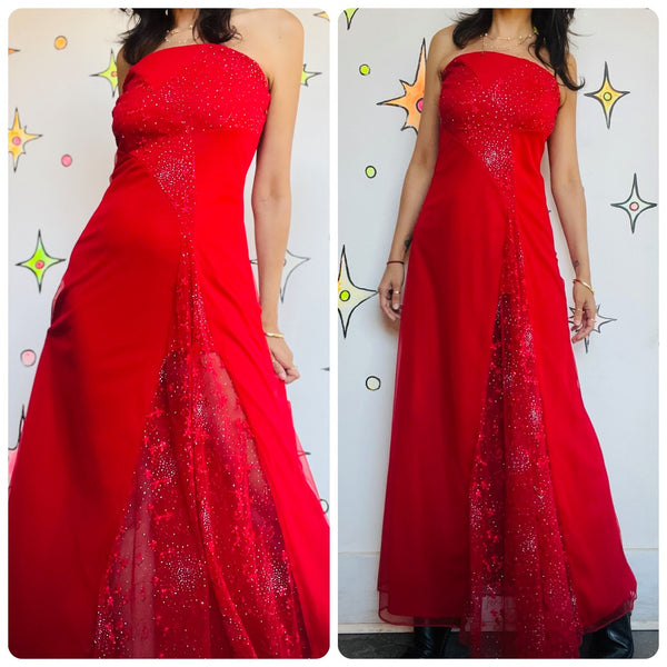Vintage 90s Y2K Red Glitter Fairy Grunge Formal Strapless Holiday Maxi Dress – M