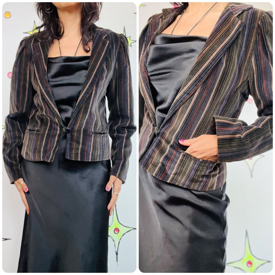 Y2K Velvet Striped Fitted Blazer Whimsy Goth Boho Fairy Grunge Vintage S/M