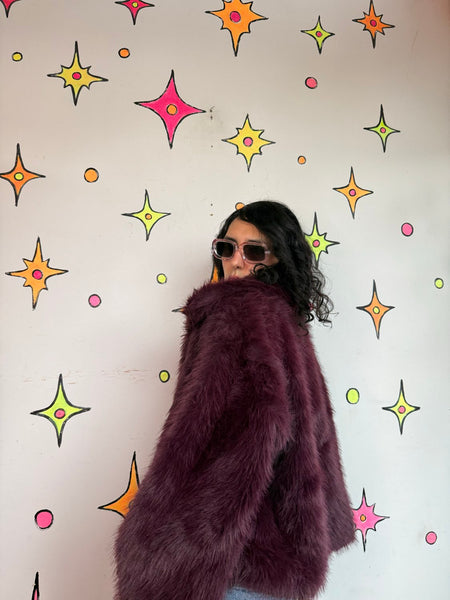 Y2K Purple Faux Fur Coat Plush Teddy Jacket Goth Glam McBling Cozy Grunge L XL