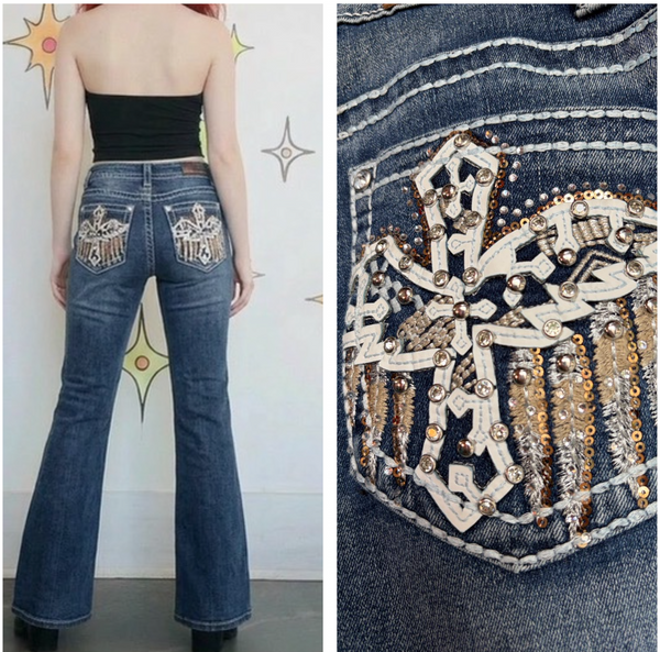 Y2K Low Rise McBling Rhinestone Embellished 2000s Glam Baddie Denim Flares S