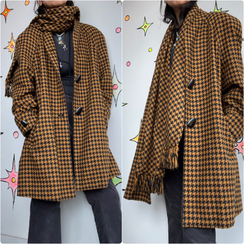 Vintage 40s 50s | Lili Ann Wool Houndstooth Coat with Matching Scarf