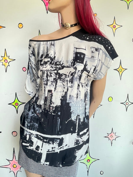 Y2K Graphic Skyline Top Oversized Indie Sleaze McBling Retro Club Glam L/XL