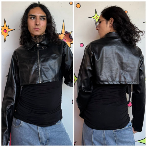 Y2K Black Cropped Moto Jacket | Vegan Leather Goth Grunge Cropped Jacket M