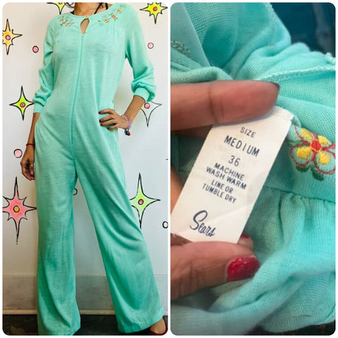 Vintage 60s 70s Seafoam Mint Green Nighty Playsuit | Cottage core Jumpsuit | M