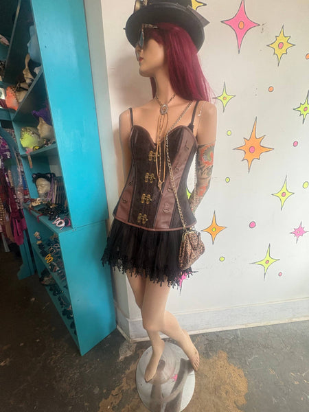 Steampunk Cosplay Brown Paisley Vegan Leather Corset Bustier Top | 3XL