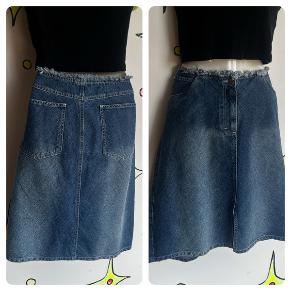 Vintage 90s Y2K | Denim Midi Skirt with Cute Frayed Hem Grunge Fairy Emo | 10