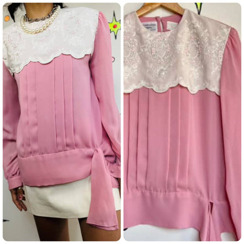 Vintage 80s Pink Big Collar Cottagecore Babydoll Blouse ' Secretary Lolita Pastel ML