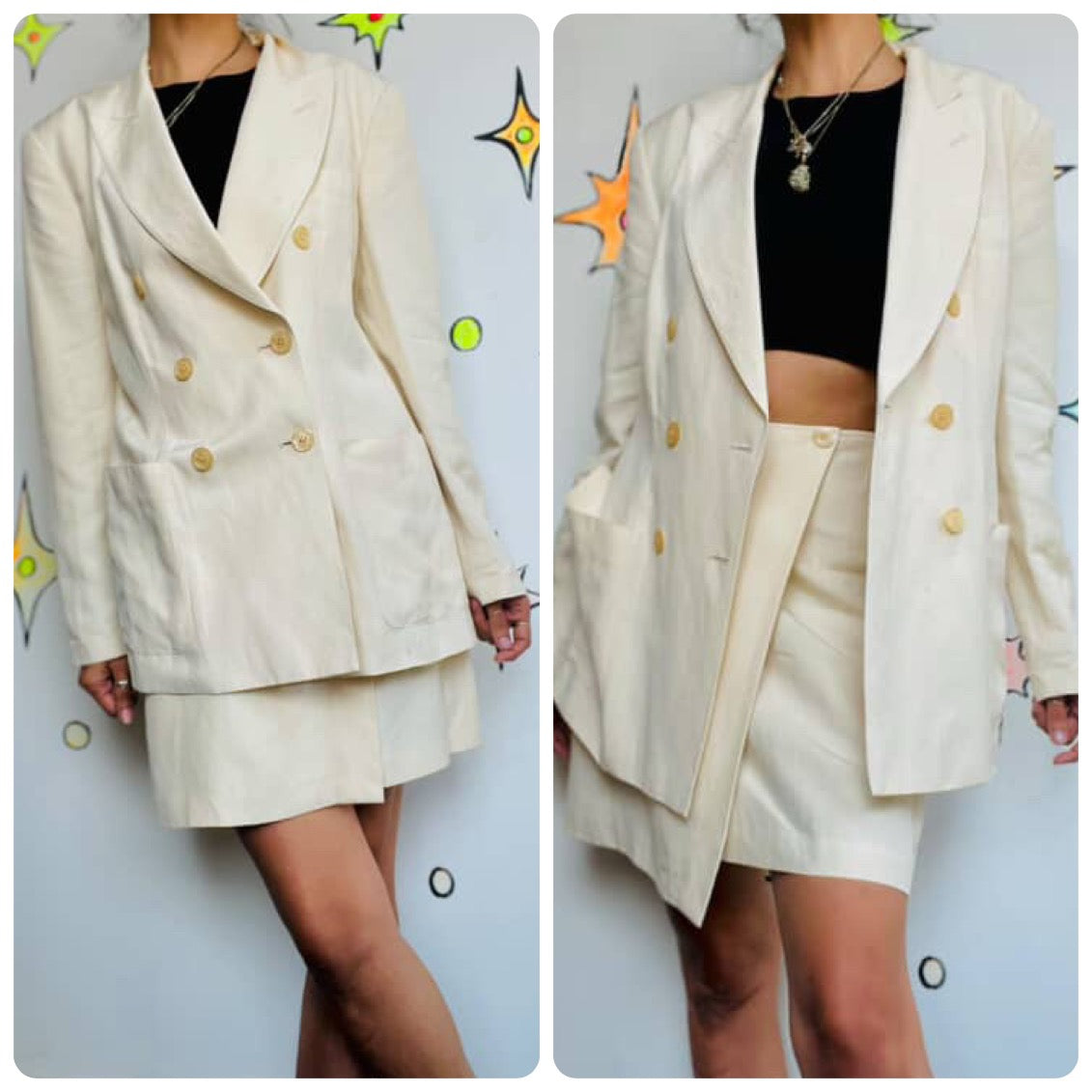 Vintage 90s DKNY Cream Linen Suit | Double Breasted Blazer & Mini Wrap Skirt | 4