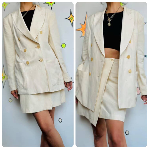 Vintage 90s DKNY Cream Linen Suit | Double Breasted Blazer & Mini Wrap Skirt | 4