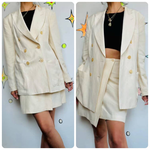 Vintage 90s DKNY Cream Linen Suit | Double Breasted Blazer & Mini Wrap Skirt | 4
