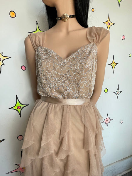 Y2K Lace Rhinestone Formal Dress Chiffon Tiered Ruffle Maxi Fairy Grunge Prom M