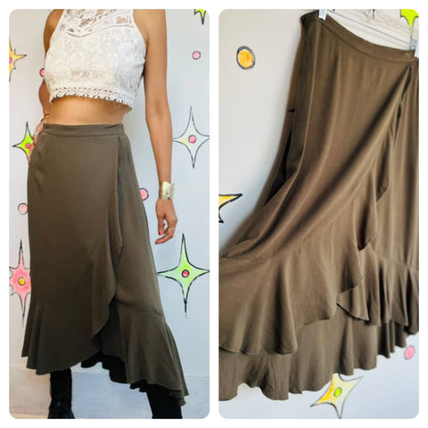 Vintage Y2K Fairy Grunge Green Ruffled Midi/Maxi Skirt | Flowing Boho Festival | S