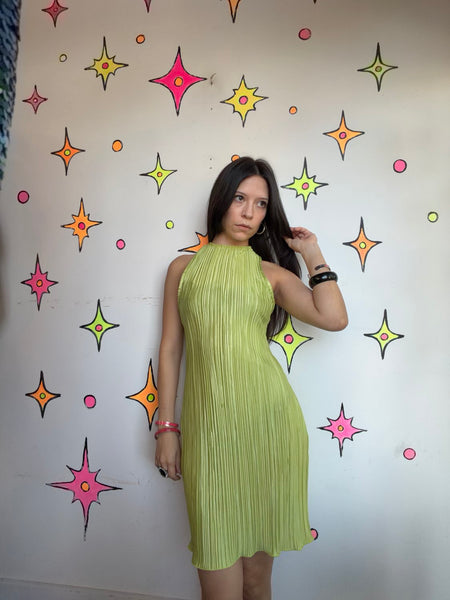 Y2K Lime Green Chartreuse Pleated Mini Dress Cyber Baddie Glam Party Dress S/M