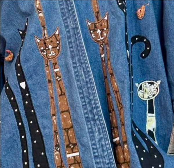 80s 90s Cat Print Shirt Embroidered Denim Button Up Kitschy Western Novelty L