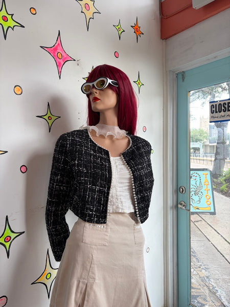 Y2K Tweed Cropped Blazer Black White Faux Pearl Trim Preppy Glam Coquette SM