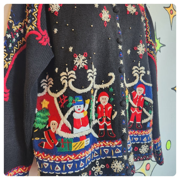 Vintage 90s | Santa Christmas Tree Tacky Ugly Embellished Christmas Sweater | M