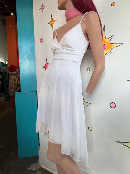 90s White Glitter Empire Slip Dress Marilyn Monroe Retro Glam Hankerchief Dress
