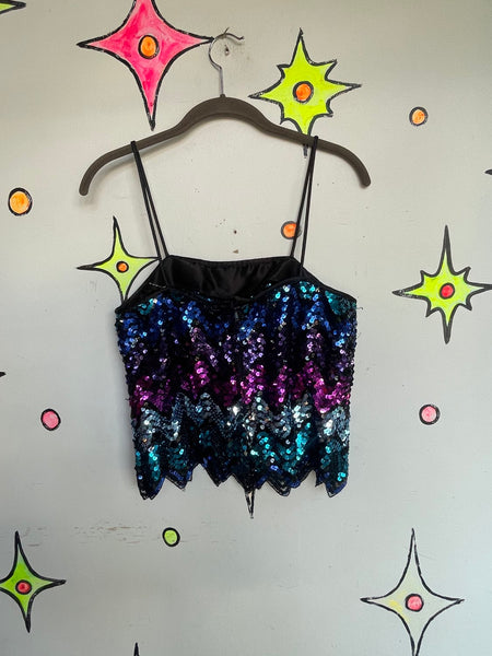 Vintage 70s Fully Sequined Chevron Striped Disco Top Glam Studio 54 Party S