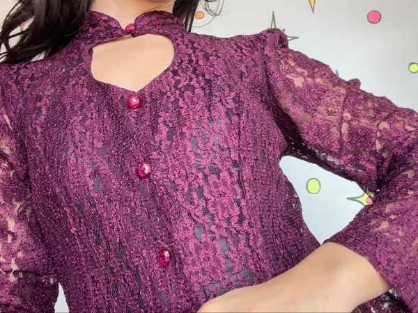 Vintage 90s Merlot Lace Maxi Dress Sheer Romantic Goth Prairie Fairy Grunge - S