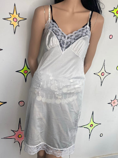 White Lace Trim Slip Dress Vintage Coquette Babydoll Lingerie - Small