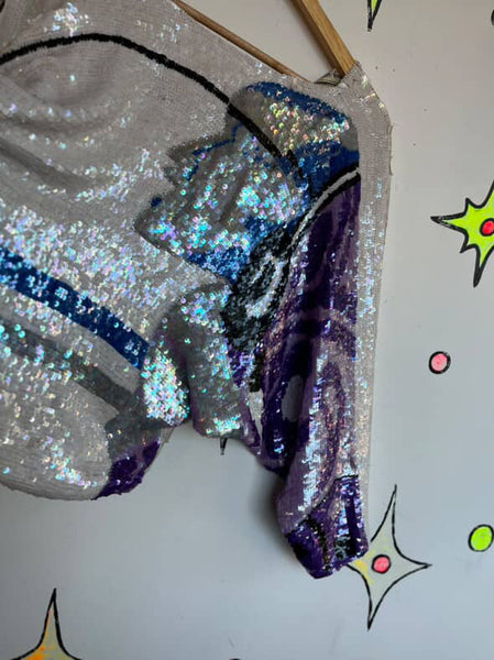 Vintage 80s Disco Glam Fully Sequin Silk Wearable Art Dolman Bat Wing Blouse M/L