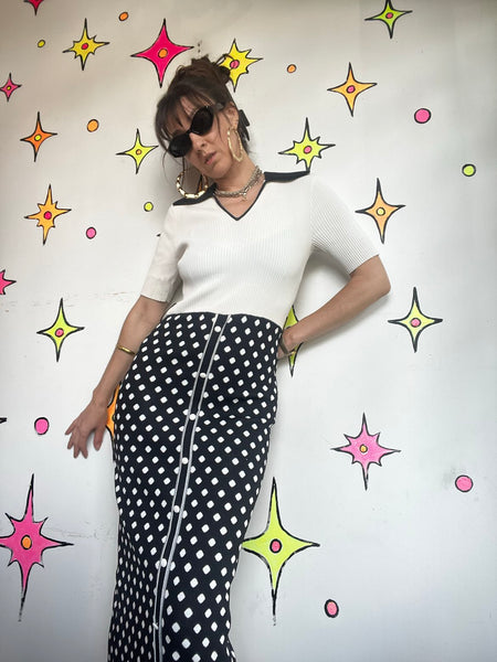 Retro 90s Black & White Polka Dot Dagger Collar Midi Dress 60s 70s Mod Knit M