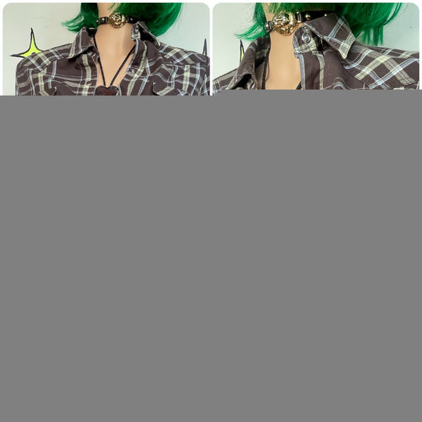 Western Pearl Snap Brown Plaid Shirt Grunge Fitted Button Up Top L