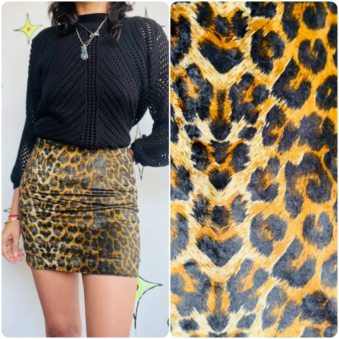 Vintage 80s Leopard Velvet Mini Skirt - Handmade Glam Punk Grunge Goth - 5/6