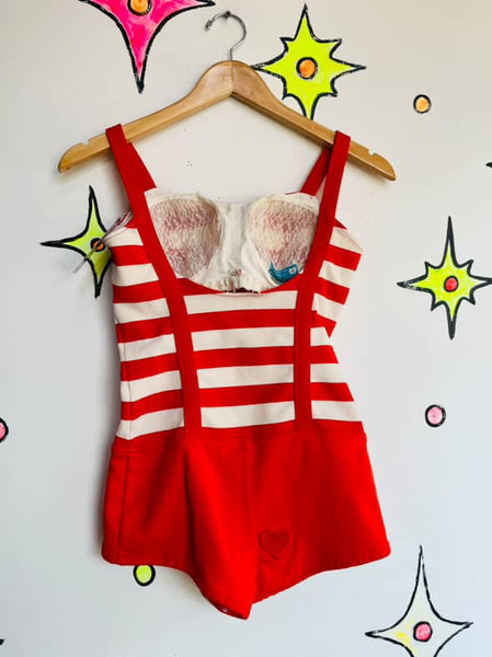 Vintage 50s Red & White Striped Swimsuit Gidget Sailor Nautical Playsuit - S
