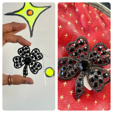 Vintage 50s or Older Black 4 Leaf Clover Whimsy Goth Black Rhinestone Brooch