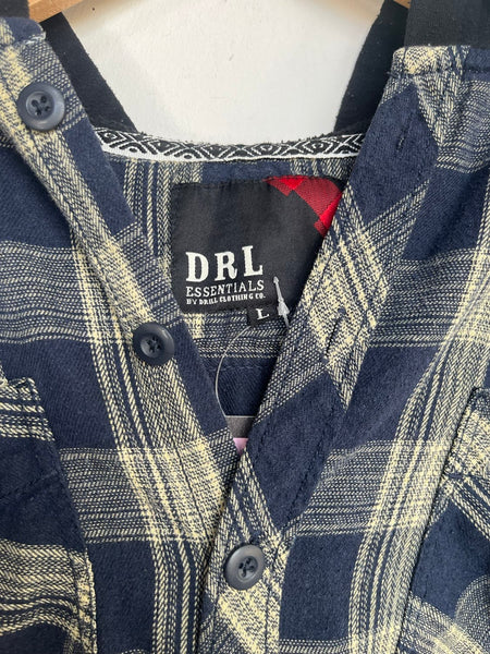 Vintage 90s Navy Blue Plaid Hooded Flannel Shirt Grunge Fairy Academia Size L