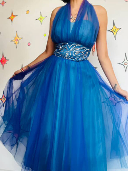 Vintage 50s Blue Tulle Fit & Flare Halter Party Dress Fairy Princess Prom Gown S